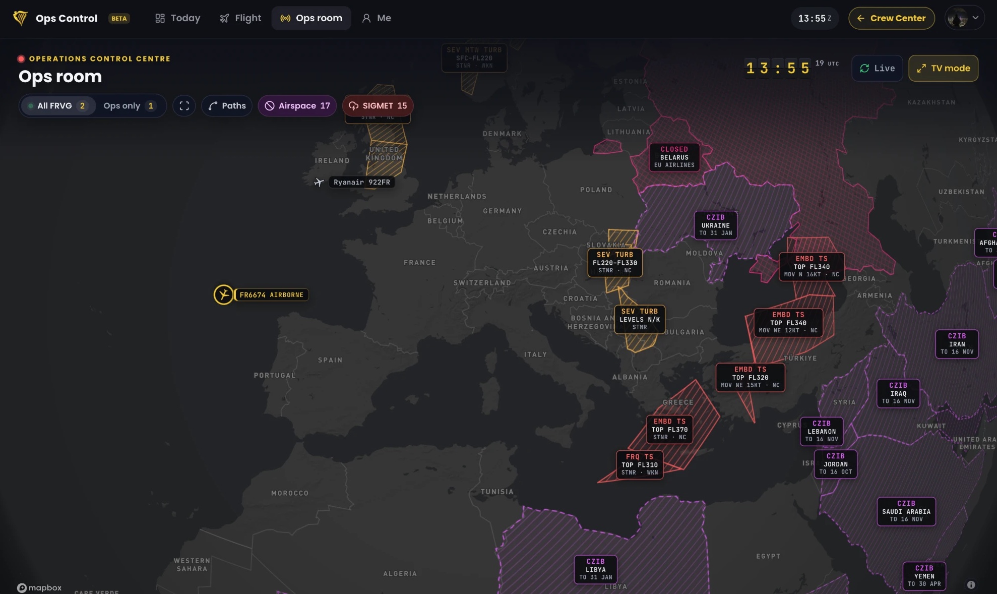The Ops room: FRVG flights live over Europe with SIGMETs, closed airspace and conflict zones